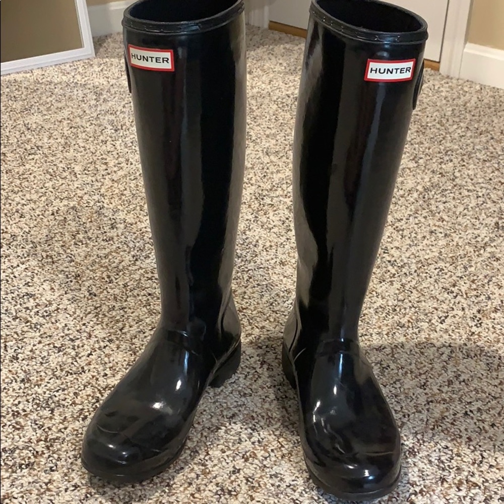 Tall black glossy Hunter boots!